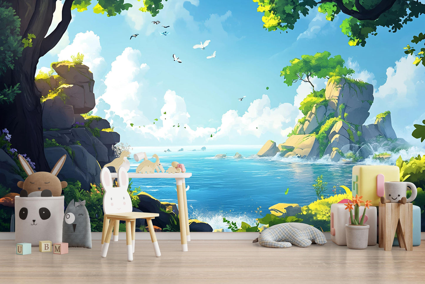 Whimsical Ocean Forest Wall Mural for Kids Room – Nature Landscape Wallpaper, Coastal Nursery Decor, Jungle Adventure Playroom Art Vn707
