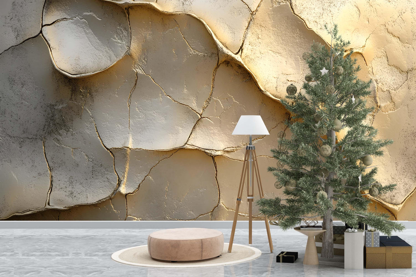 3D Cracked Earth Wall Mural | Textured Desert Dried Mud Wallpaper | Modern Neutral Gold Beige Accent Wall Decor Vn744