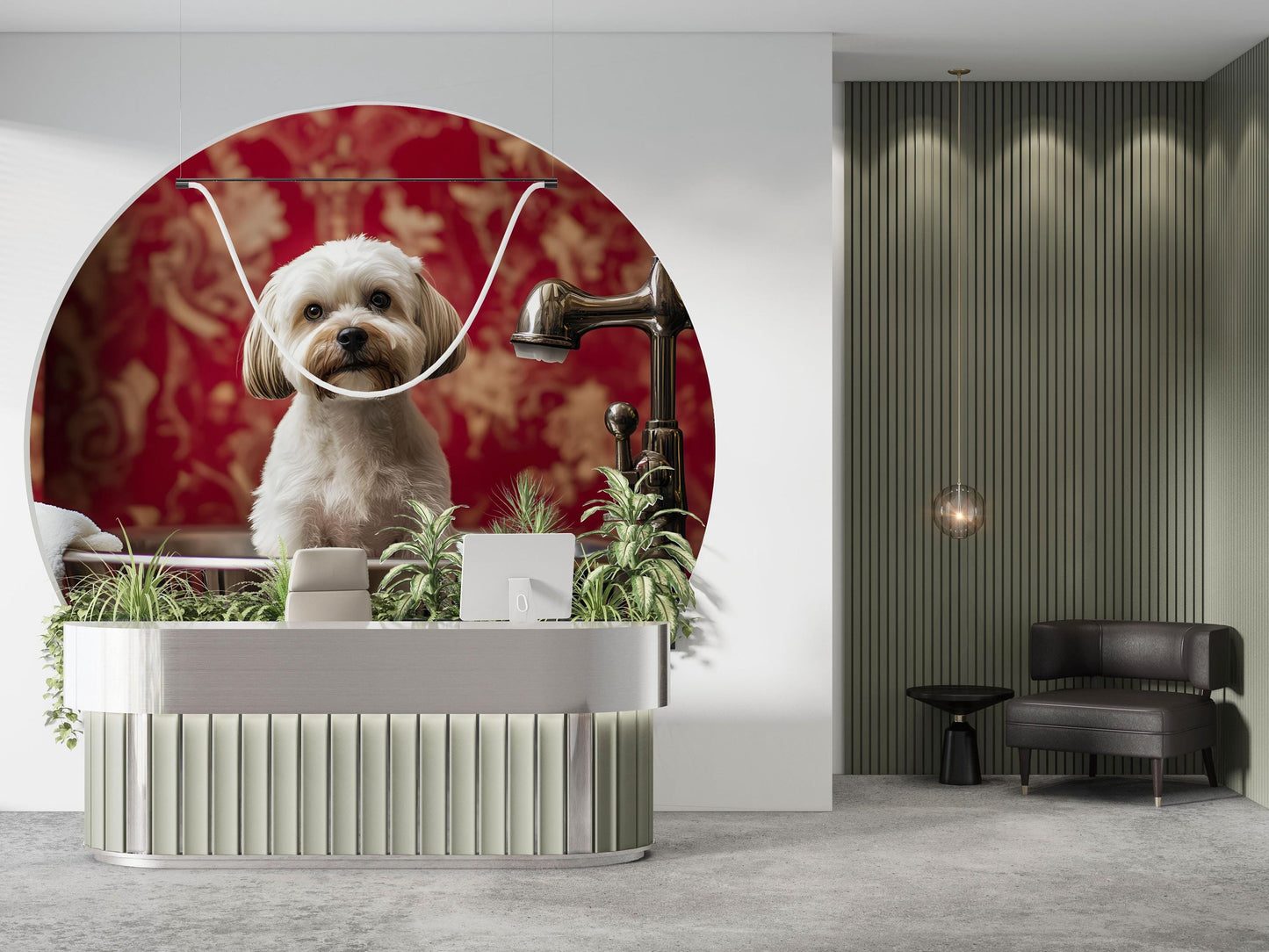 Whimsical Dog Bathroom Art Print – Cute White Dog in Bathtub with Mini Chair & Sleeping Pup – Funny Dog Wall Decor for Pet Lovers Vn666