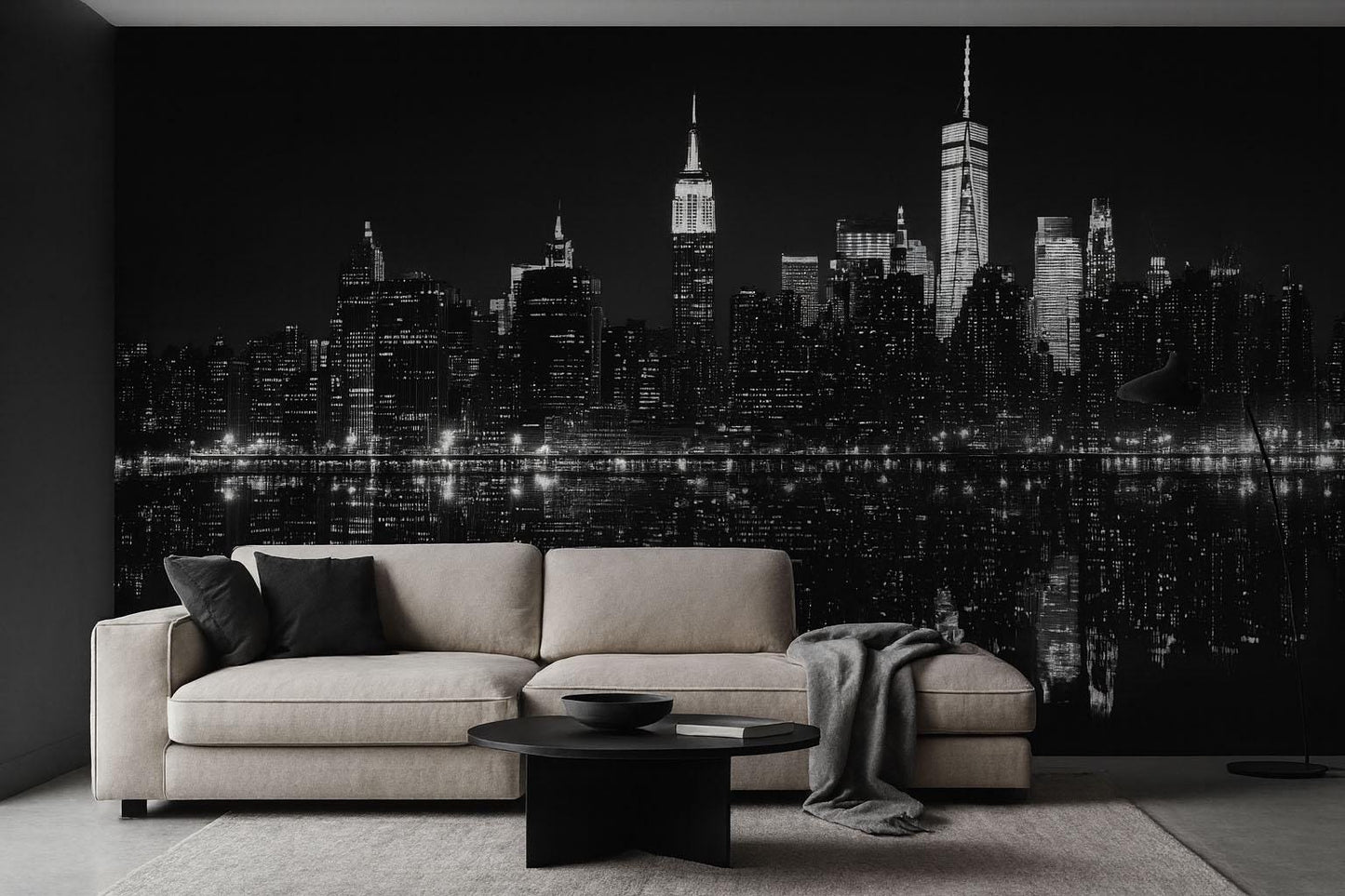 NYC Skyline Wall Mural – Black White Cityscape Wallpaper, Modern Living Room Decor Vn883