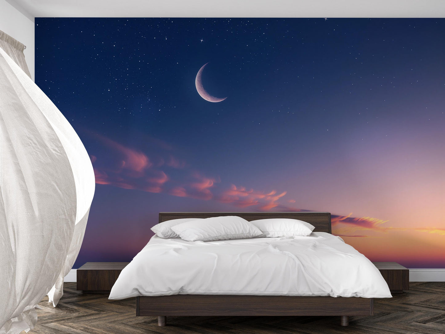 Crescent Moon Wall Mural – Starry Night Sky & Sunset Wallpaper, Celestial Accent Wall Decor for Bedroom, Nursery or Meditation Room Vn1080