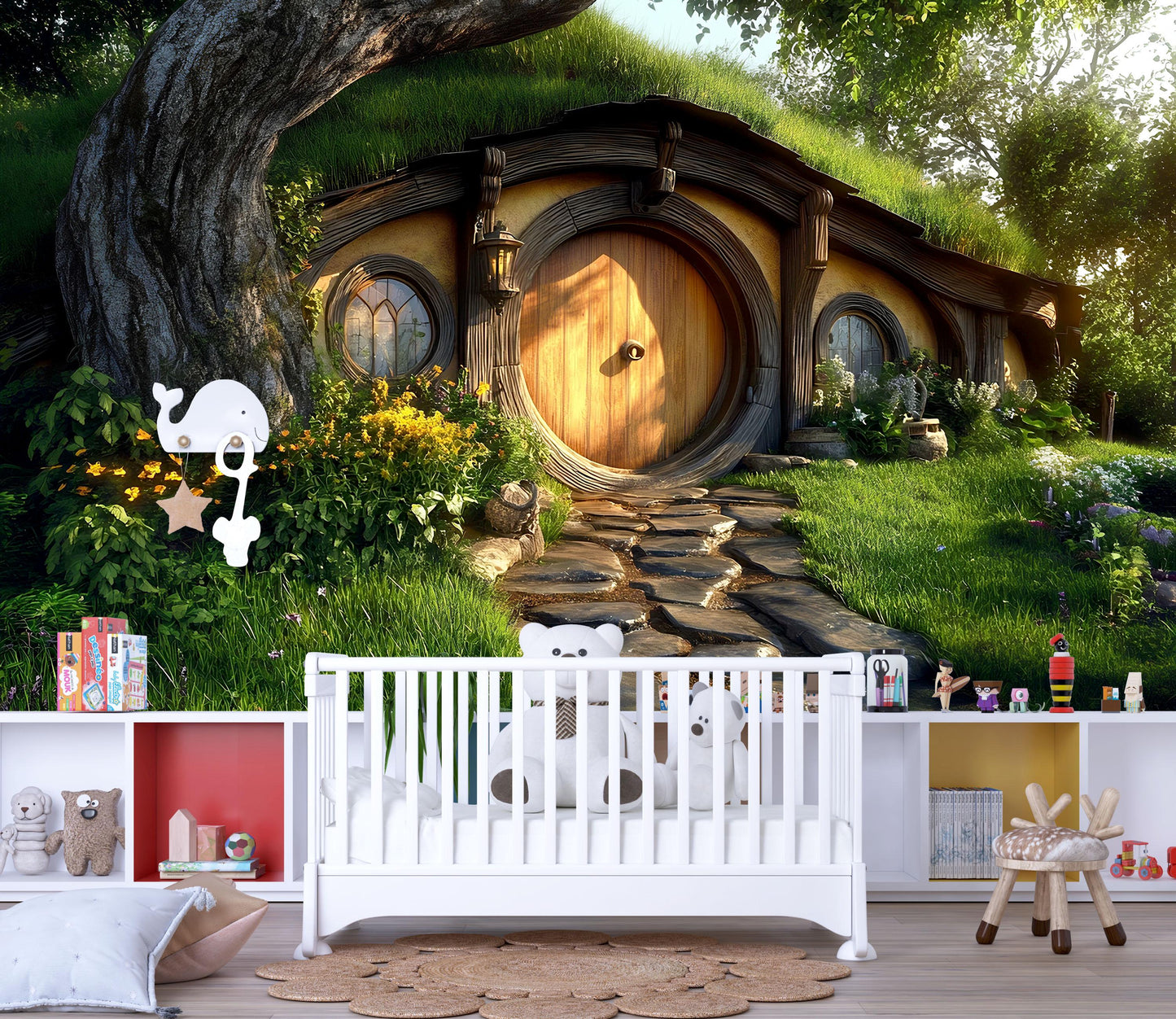 Whimsical Hobbit House Wall Mural for Kids Room – Fantasy Forest Nature Scene for Playroom, Nursery, or Cozy Nook Decor Vn602
