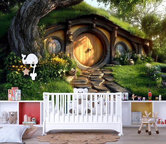 Whimsical Hobbit House Wall Mural for Kids Room – Fantasy Forest Nature Scene for Playroom, Nursery, or Cozy Nook Decor Vn602