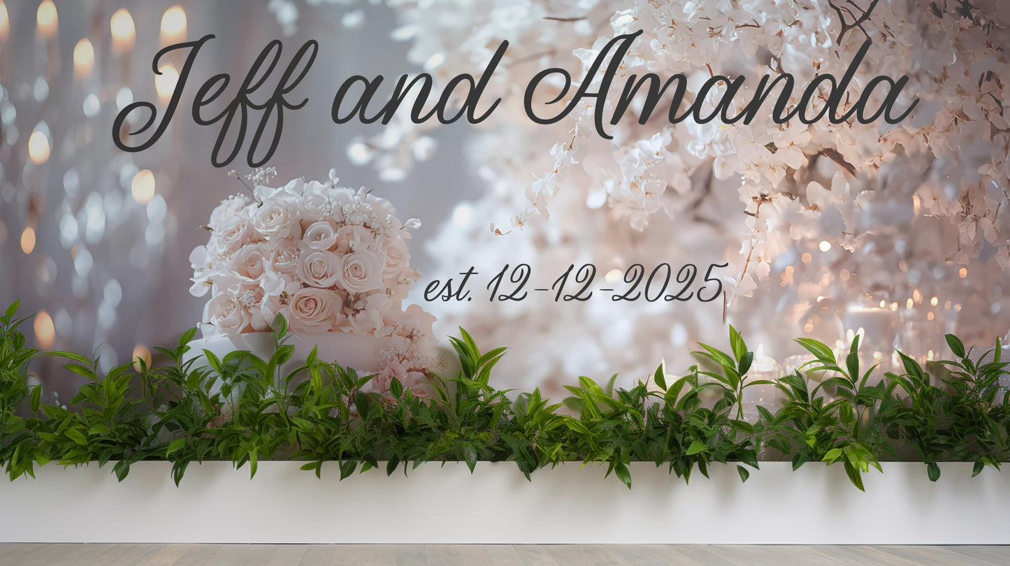 Elegant Wedding Backdrop Banner with Names & Date – Personalized Floral Cake Design, Custom Photo Booth Sign Vn516