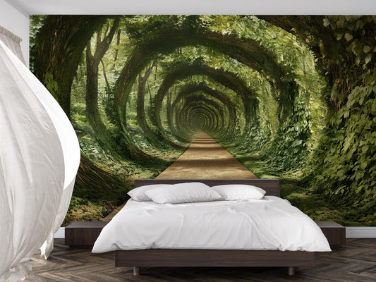 Forest Tunnel Wall Mural for Bedroom – Nature Path Illusion Wallpaper – 3D Green Archway Wall Art Décor Vn579