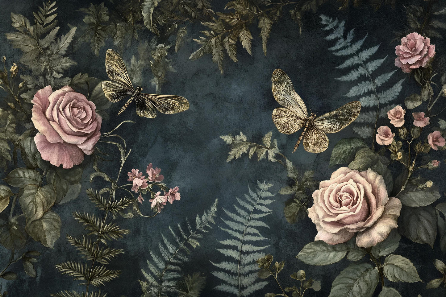 Dark Botanical Wall Art – Vintage Dragonflies & Roses Print Vn955