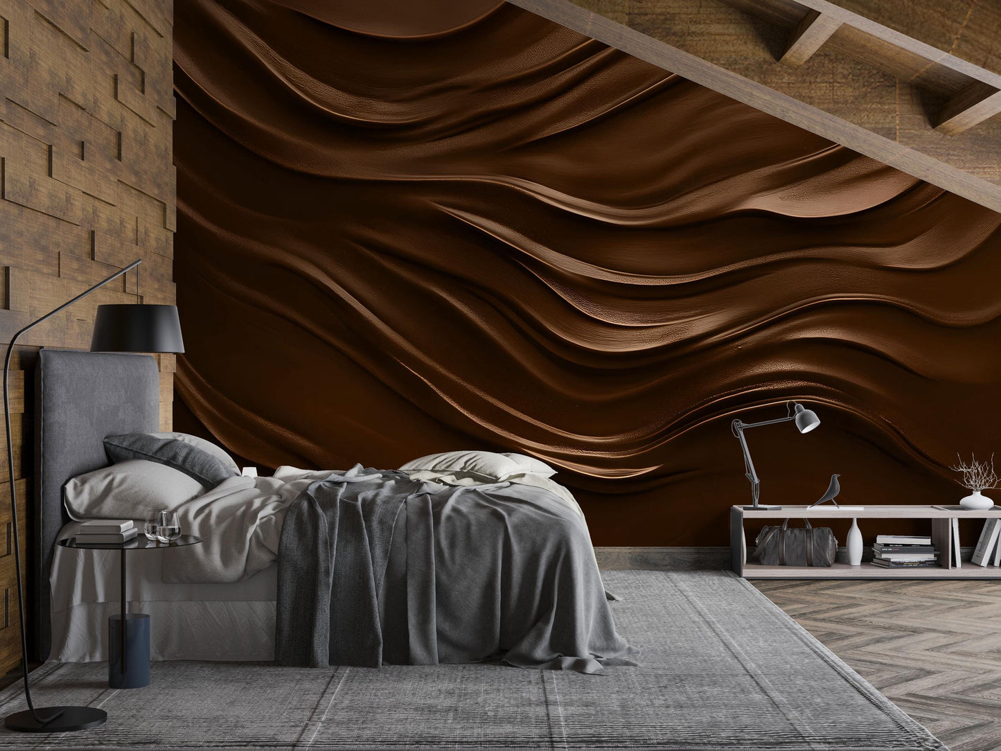 Modern Wavy Brown Accent Wall Art | 3D Texture Bedroom Decor | Earthy Tones Wall Mural Vn652