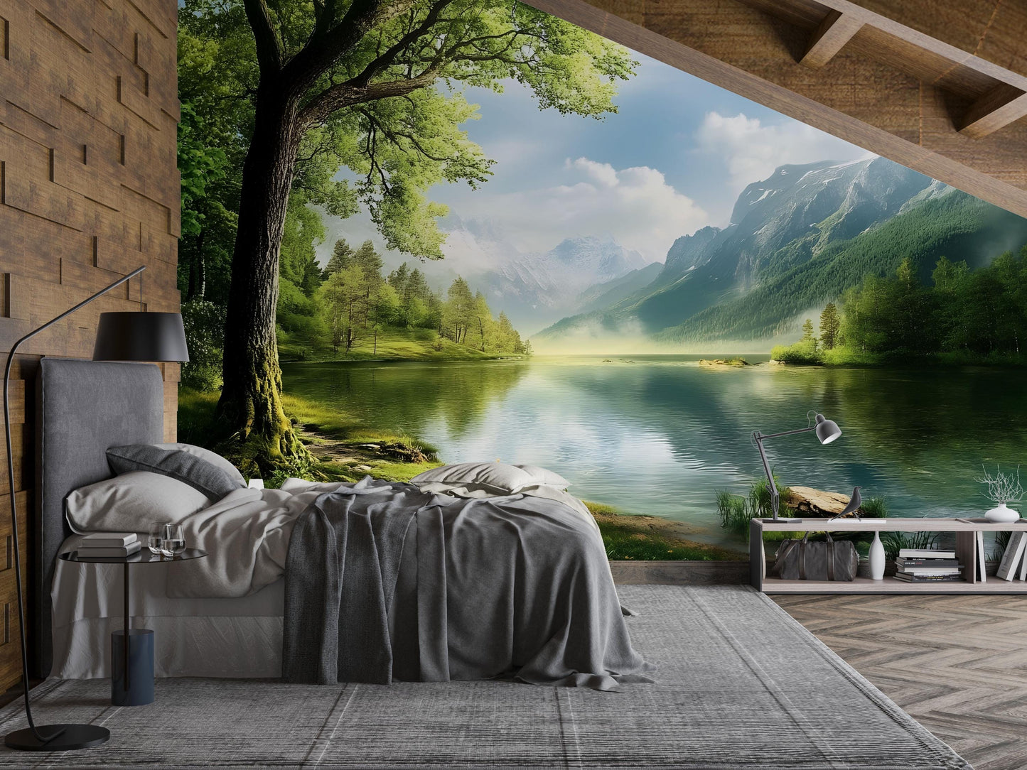Mountain Lake Wall Mural – Scenic Nature Forest Landscape Wallpaper Vn824
