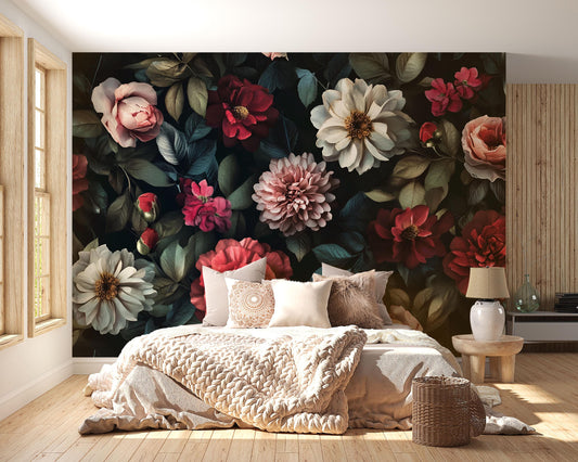 Bold Dark Floral Wall Mural – Large Vintage Flowers Wallpaper – Romantic Bedroom Wall Decor – Peel & Stick or Traditional Vn645