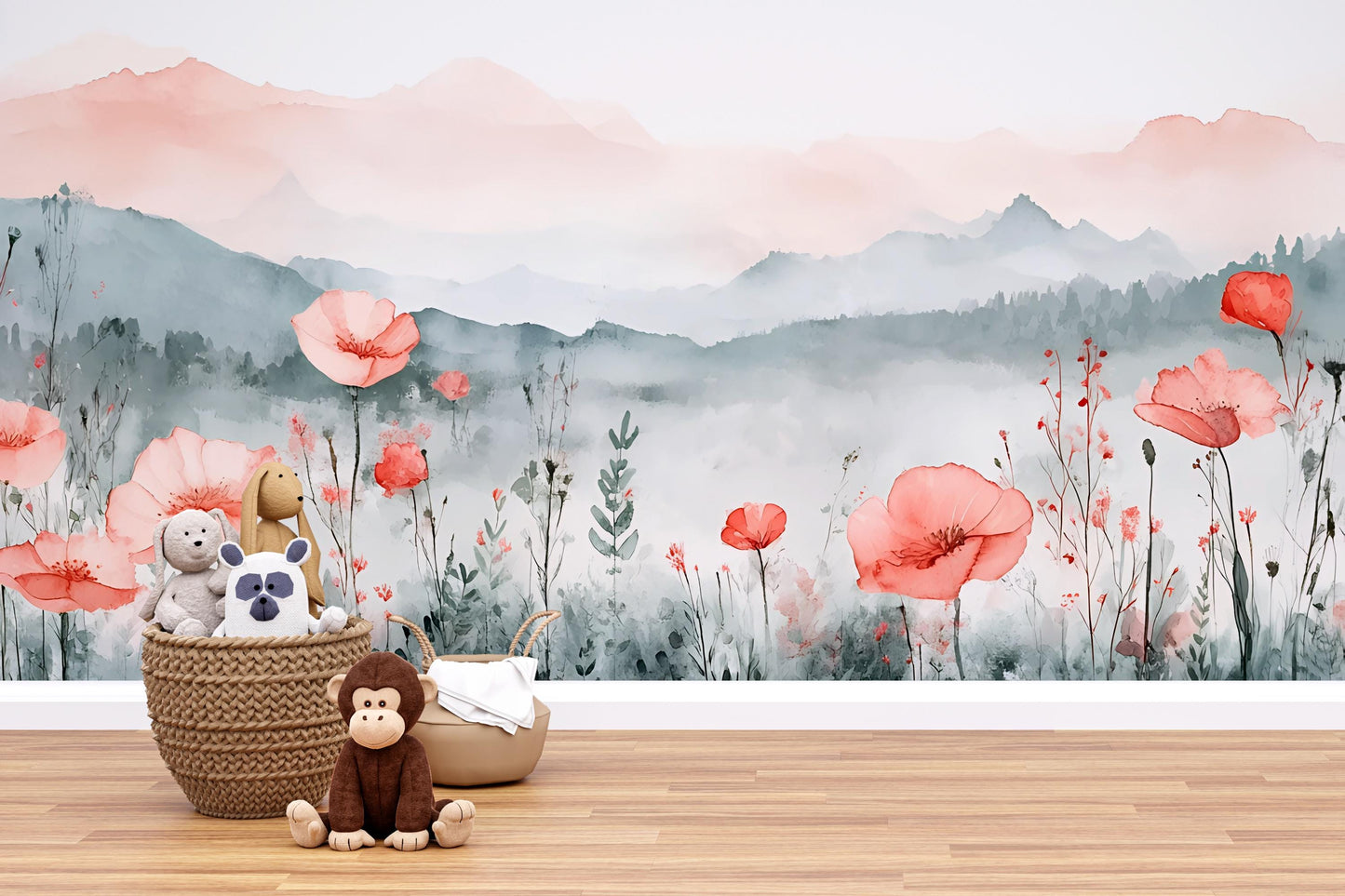 Floral Mountain Wall Mural for Kids Room – Watercolor Wildflower Nursery Wallpaper – Removable Botanical Wall Art Vn560