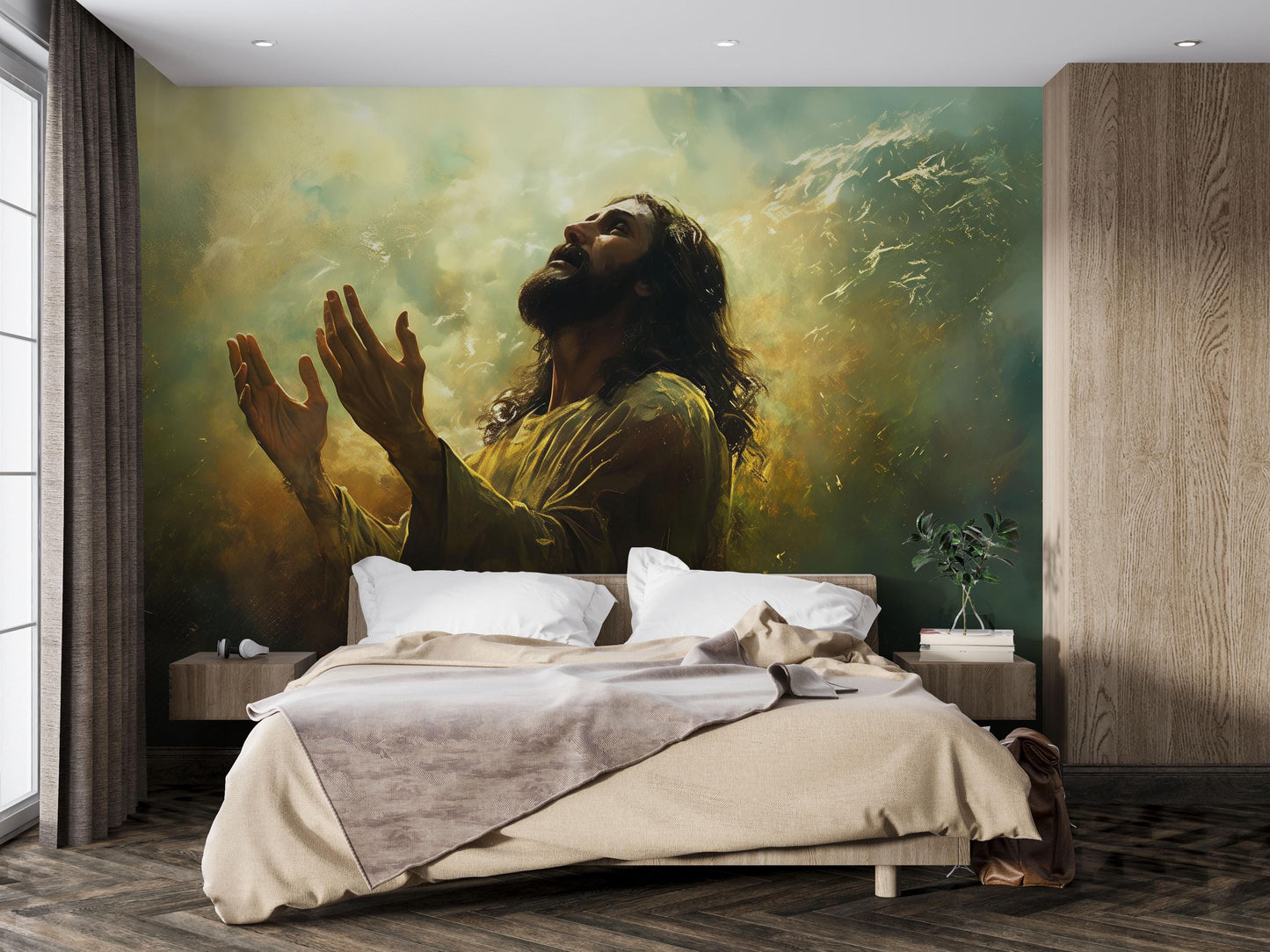 Jesus Wall Mural | Spiritual Bedroom Decor | Religious Art Wallpaper | Christian Prayer Scene | Large Faith Mural for Home Vn612
