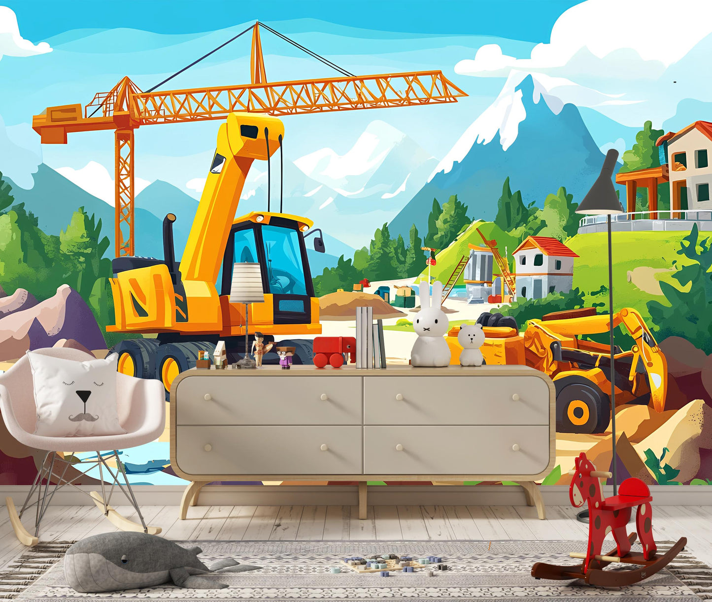 Construction Site Wall Mural for Kids Room - Cartoon Digger Crane and Mountain Scene - Removable Wallpaper Vn438