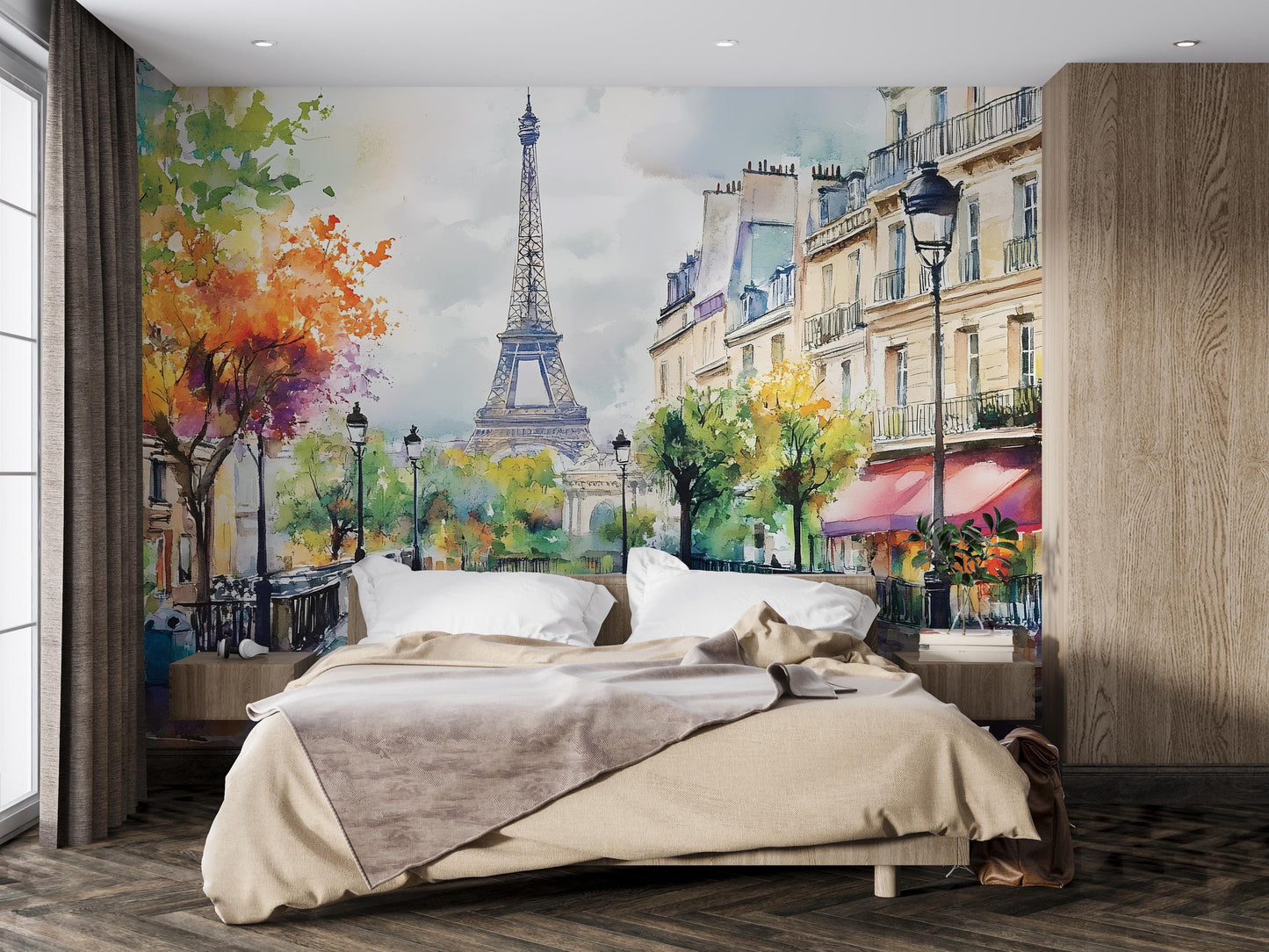 Paris Eiffel Tower Wall Mural – Watercolor Street View Wallpaper Vn931