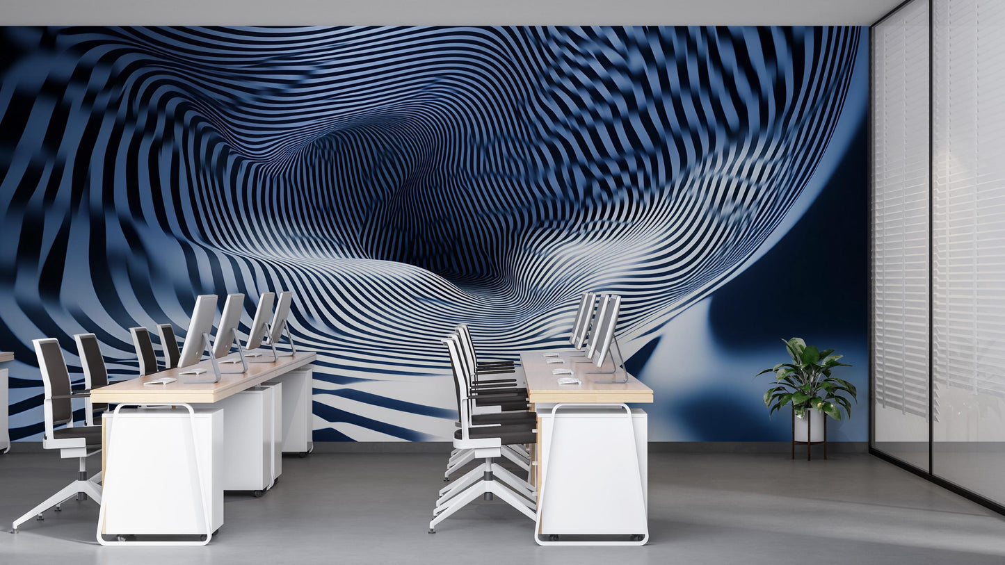 Blue White 3D Wave Wall Mural – Optical Illusion Abstract Wallpaper Vn910