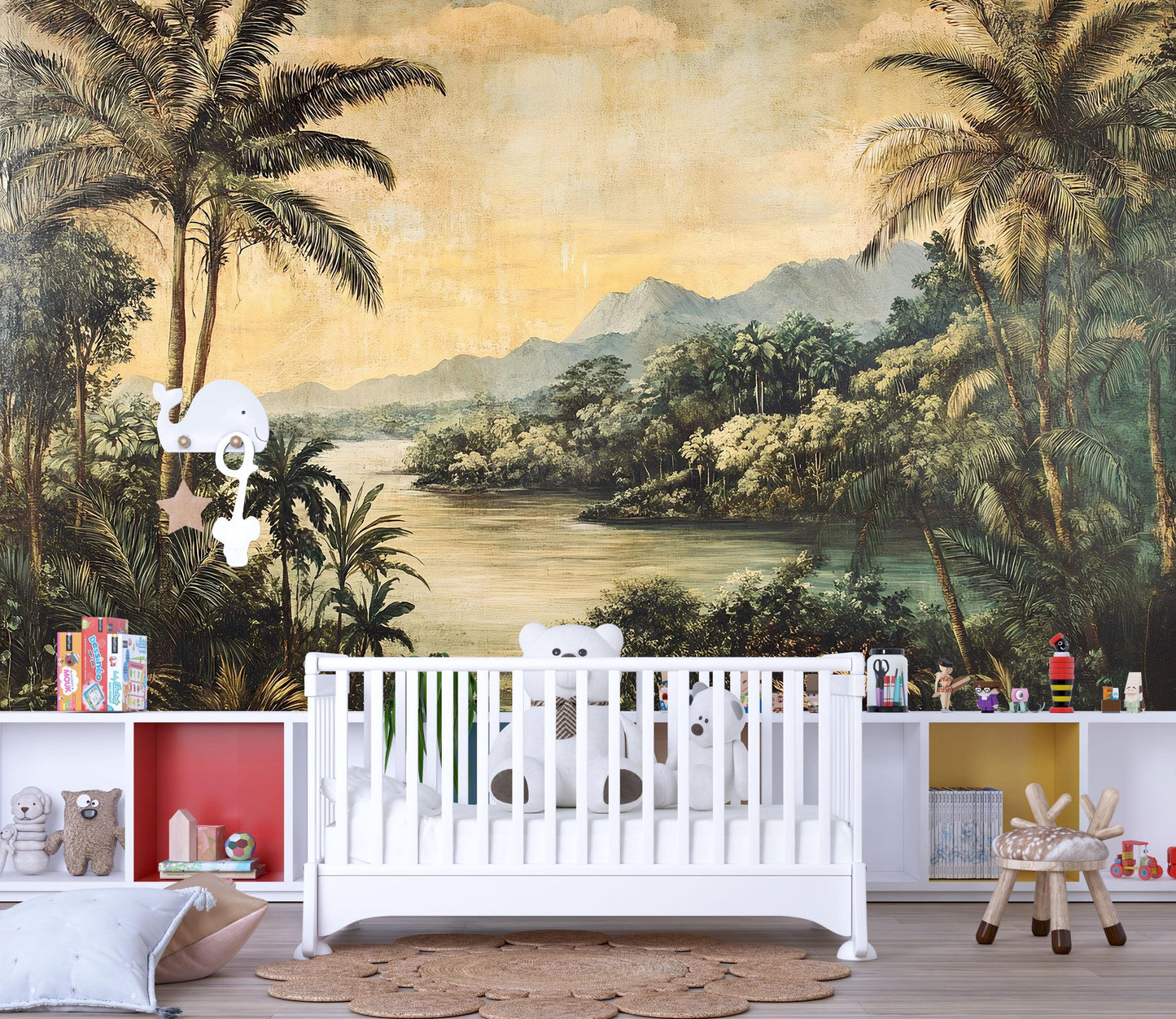 Vintage Tropical Landscape Wall Mural – Rustic Palm Tree River Scene Wallpaper Vn837