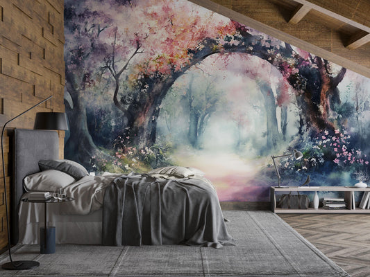 Cherry Blossom Forest Mural Wallpaper – Dreamy Watercolor Wall Art for Bedroom or Living Room Vn765