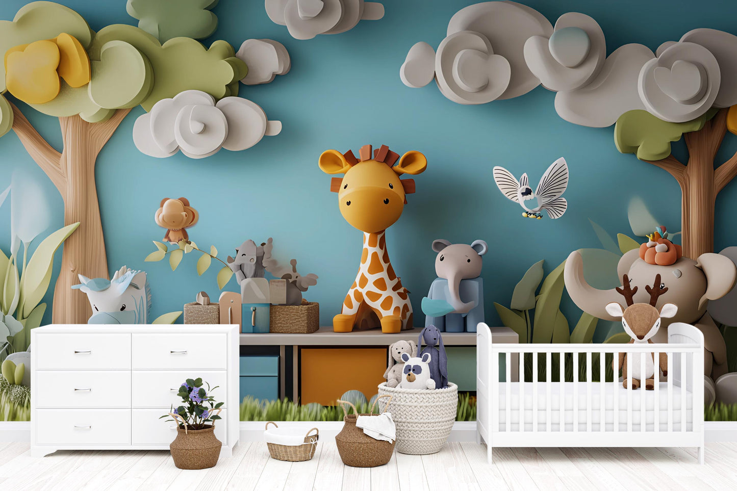 Whimsical Jungle Safari Wall Art for Kids Room – Giraffe, Elephant & Animal Nursery Decor | 3D Jungle Playroom Wall Mural  Vn322
