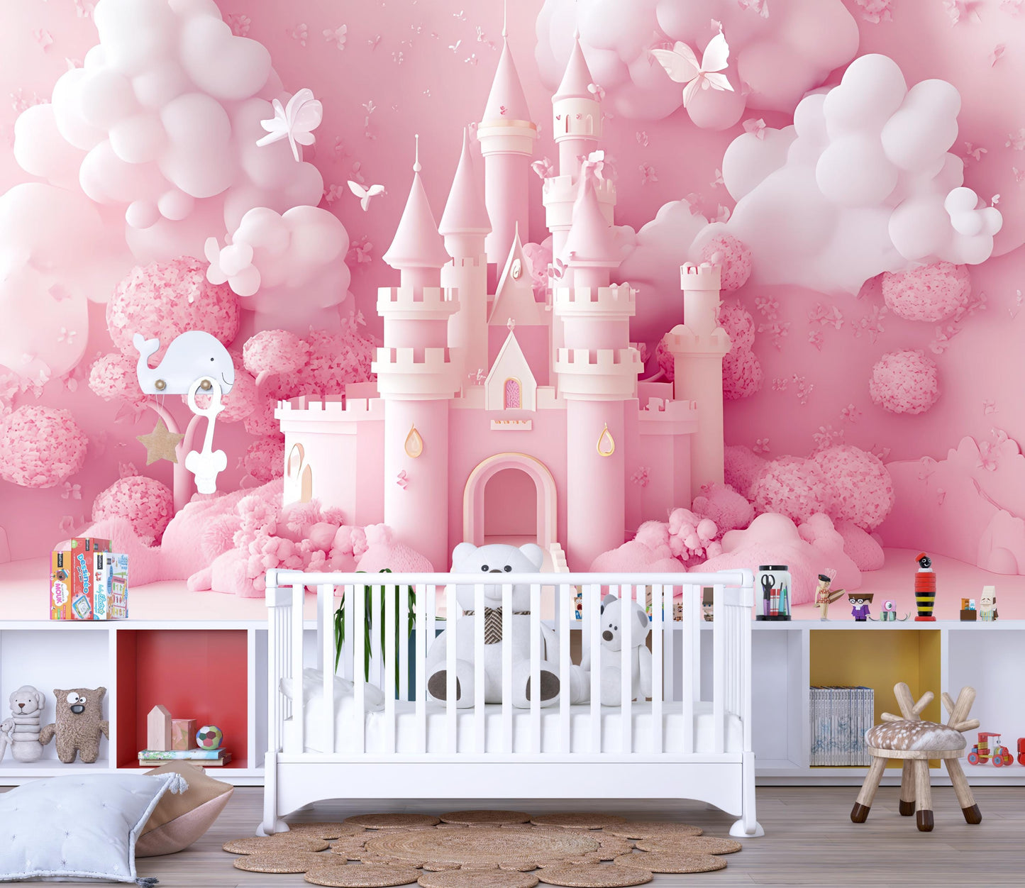 Princess Castle Wall Mural for Girls Room – Pink Fairytale Wallpaper | Dreamy Kids Room Decor | Magical Nursery Art Vn364