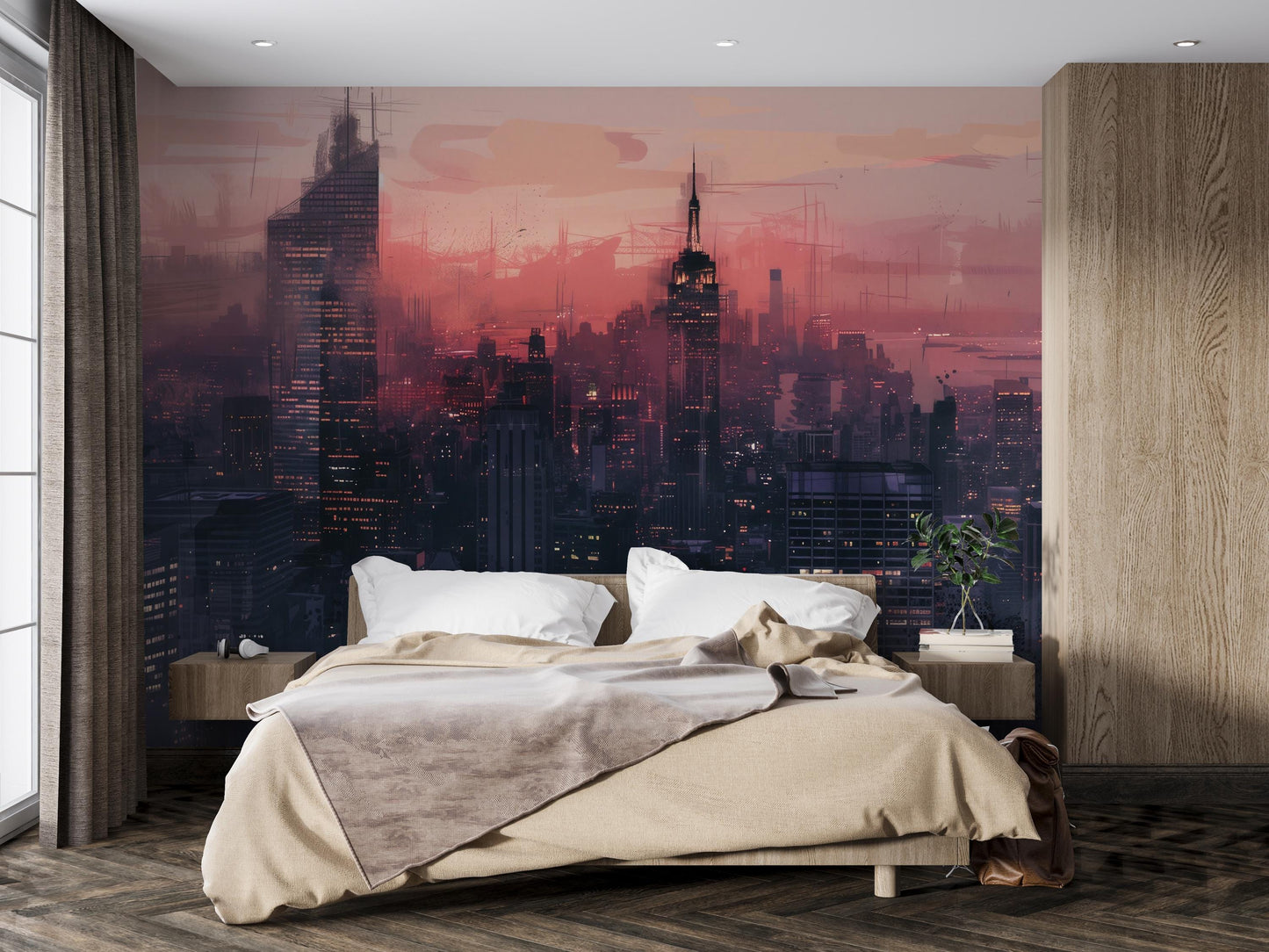 Cityscape Wall Mural – Futuristic Skyline Wallpaper, Urban Night Accent Wall Decor for Bedroom, Office or Living Room Vn1068