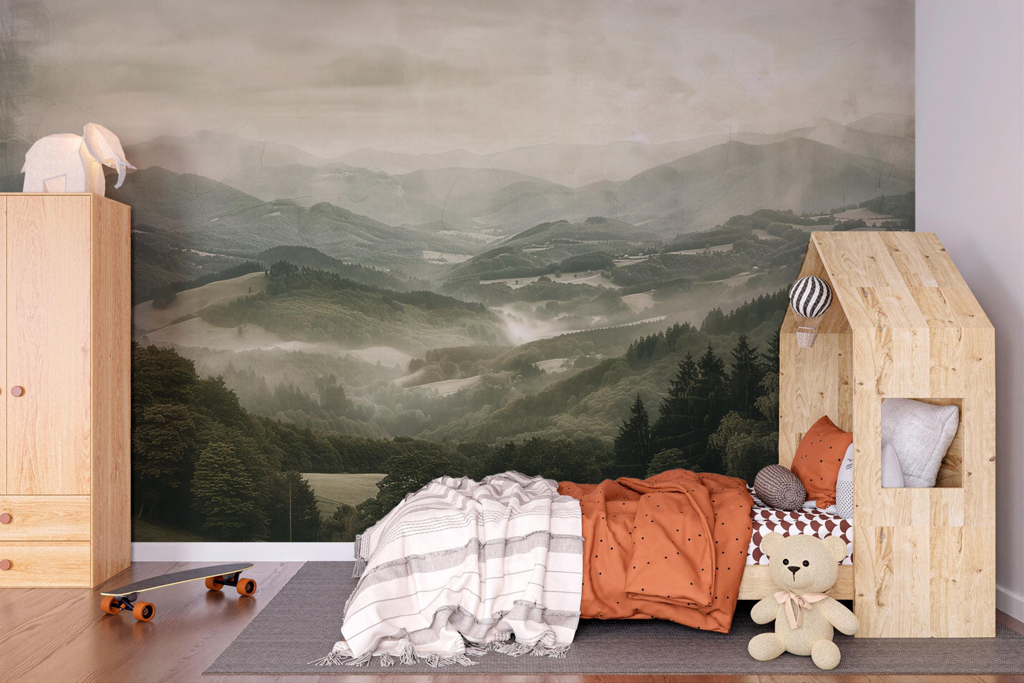 Forest Valley Wall Mural – Misty Mountain Landscape Wallpaper for Living Room or Kids Room Vn1056