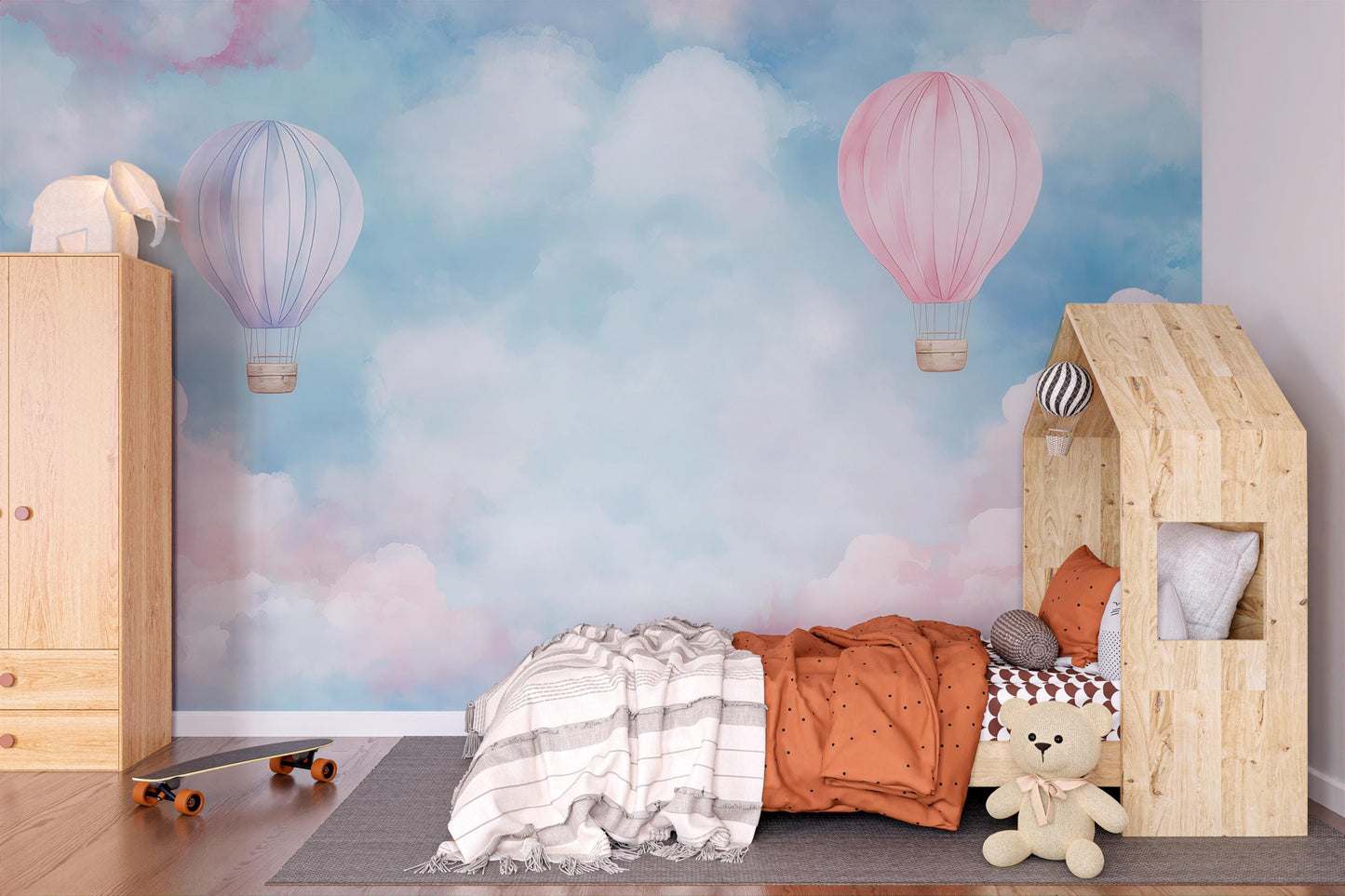 Hot Air Balloon Mural – Pink Purple Cloud Wallpaper Kids Nursery Wall Decor Vn997