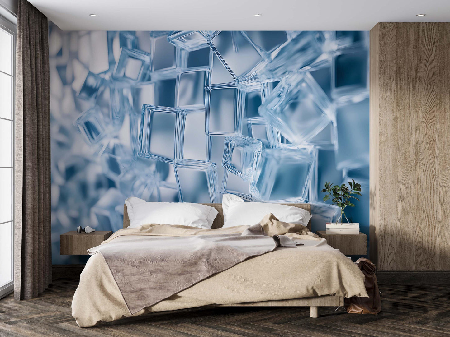 Modern Ice Cube Wall Mural | 3D Abstract Blue Geometric Wallpaper | Large-Scale Bedroom Accent Wall Decor Vn746