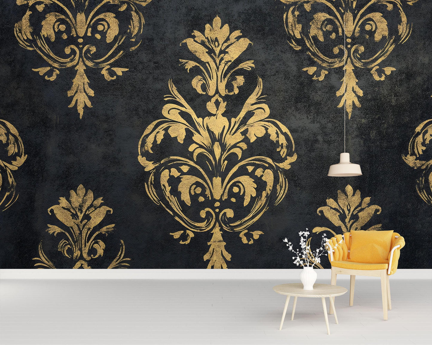 Luxury Baroque Black & Gold Damask Wallpaper – Elegant Textured Wall Mural Vn639