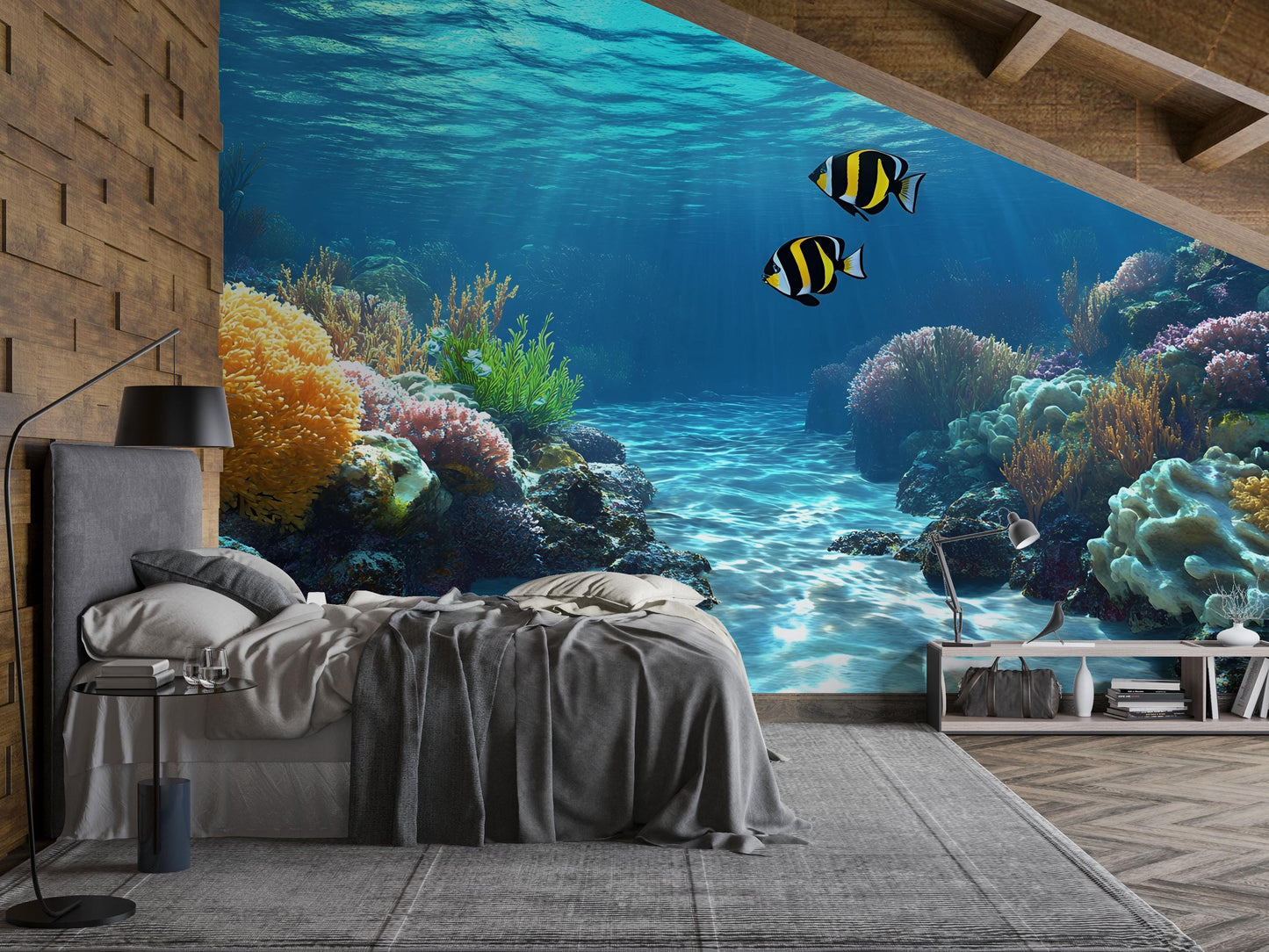 Underwater Ocean Wall Mural | 3D Coral Reef Wallpaper | Tropical Fish Sea Scene Bedroom Decor | Removable Undersea Wall Art Vn595