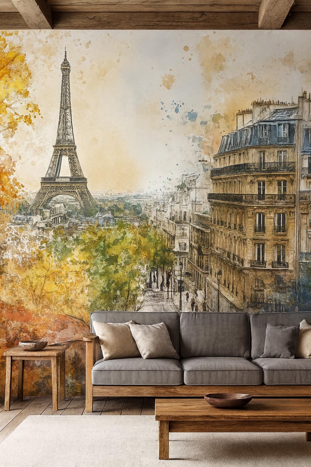 Eiffel Tower Wall Mural – Paris Street Watercolor Wallpaper Vn930