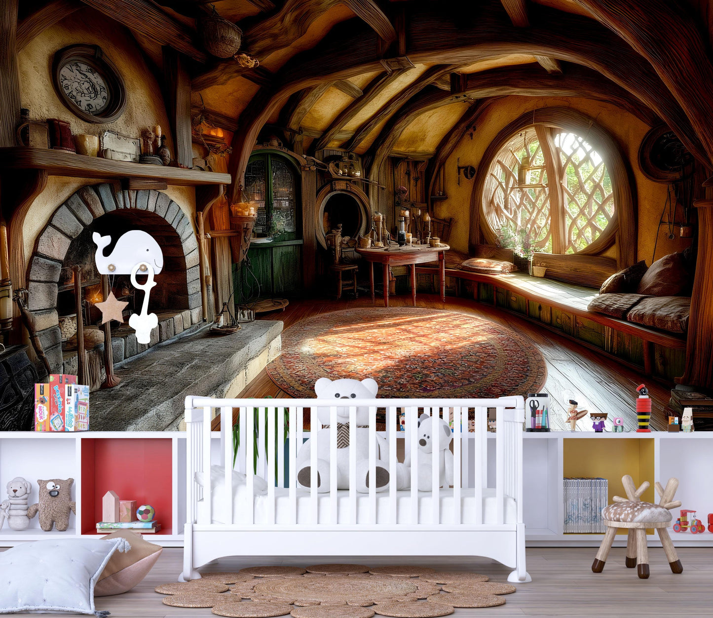 Hobbit-Inspired Nursery Wall Mural – Cozy Fantasy Fireplace & Round Window Scene – Storybook Woodland Baby Room Decor Vn605