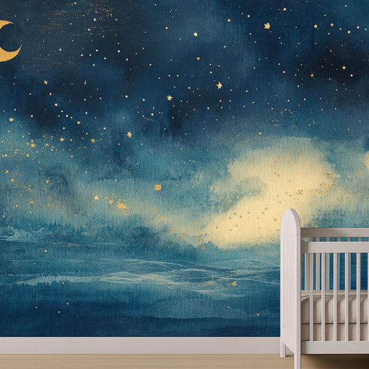 Night Sky Wall Mural – Moon and Stars Nursery Wallpaper, Dreamy Galaxy Accent Wall for Kids Room or Baby Nursery Vn854