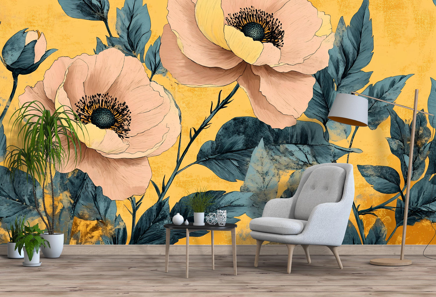 Bold Floral Wall Mural – Oversized Peony Wallpaper Yellow Vn1027
