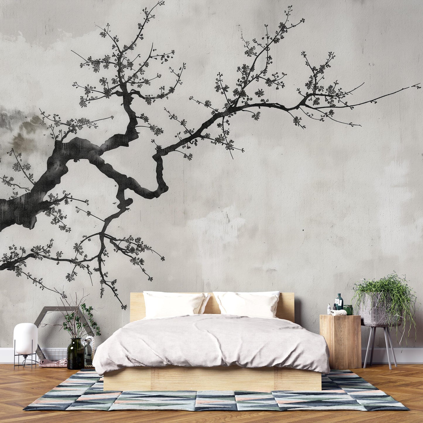 Japandi Cherry Blossom Wall Mural | Minimalist Nature Wallpaper Vn1041
