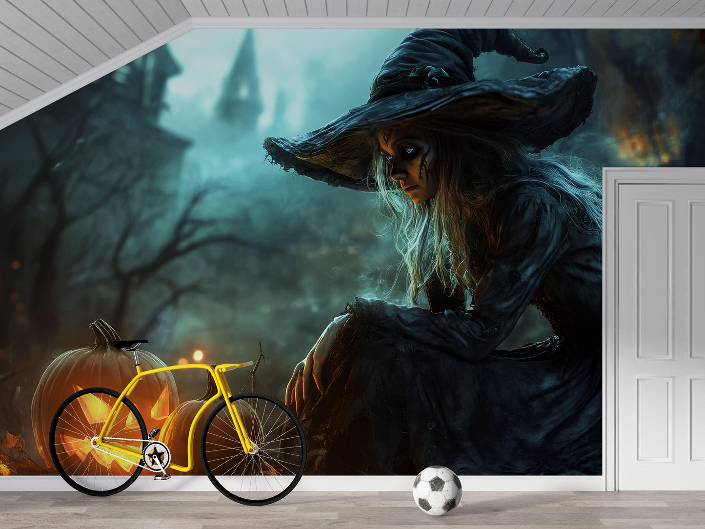 Haunted Witch & Pumpkin Wall Mural – Spooky Halloween Gothic Wallpaper for Home or Store  Vn793