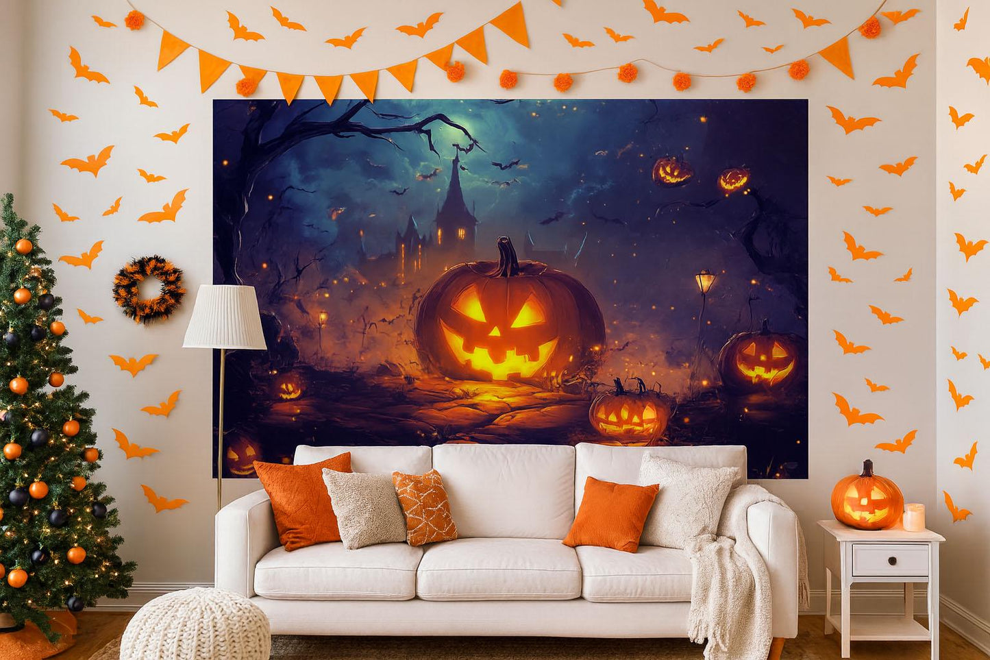 Halloween Pumpkin Wall Mural – Spooky Jack O’Lantern Night Scene Vn811
