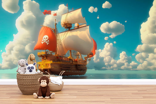 Pirate Ship Wall Mural for Kids Room – Nautical Ocean Adventure Wallpaper – Removable Peel and Stick Pirate Decor Vn 309