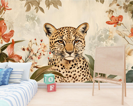 Leopard Jungle Mural Nursery Wallpaper - Safari Animal Wall Art - Botanical Baby Room Decor Vn212