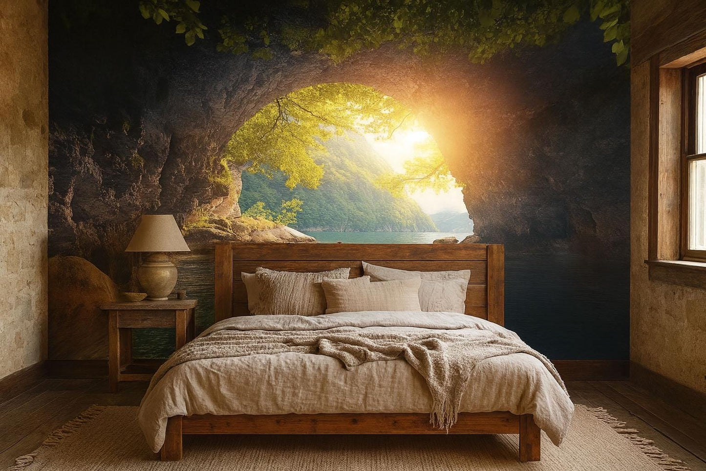 Sunlit Cave Wall Mural – Nature Landscape Wallpaper for Bedroom Decor Vn872