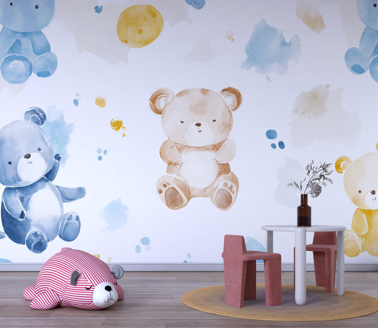 Watercolor Teddy Bear Wall Mural – Nursery Peel & Stick Wallpaper – Cute Animal Kids Room Décor – Gender Neutral Baby Wall Art Vn499