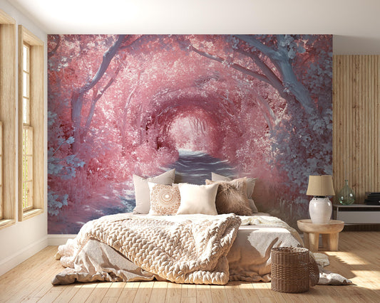 Forest Path Wall Mural – Dreamy Pink & Blue Nature Scene, Bedroom Accent Wallpaper, Mystical Woodland Art Print Vn578