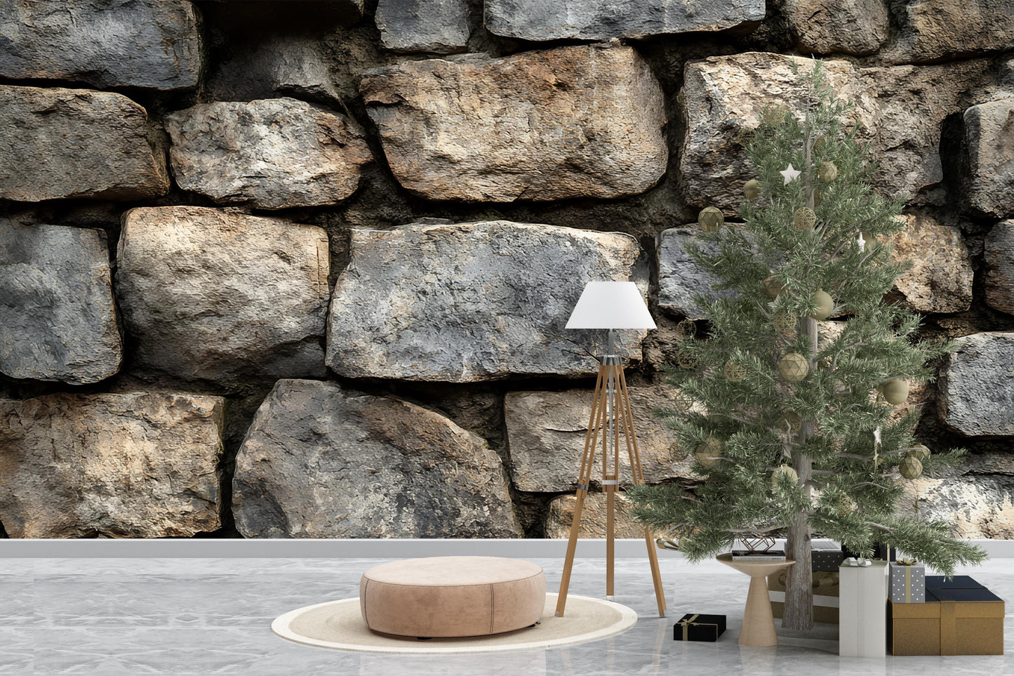 Rustic Stone Wall Backdrop, Cozy Armchair & Table Scene, Modern Farmhouse Decor, Scandinavian Interior Photo, Digital Download Vn587