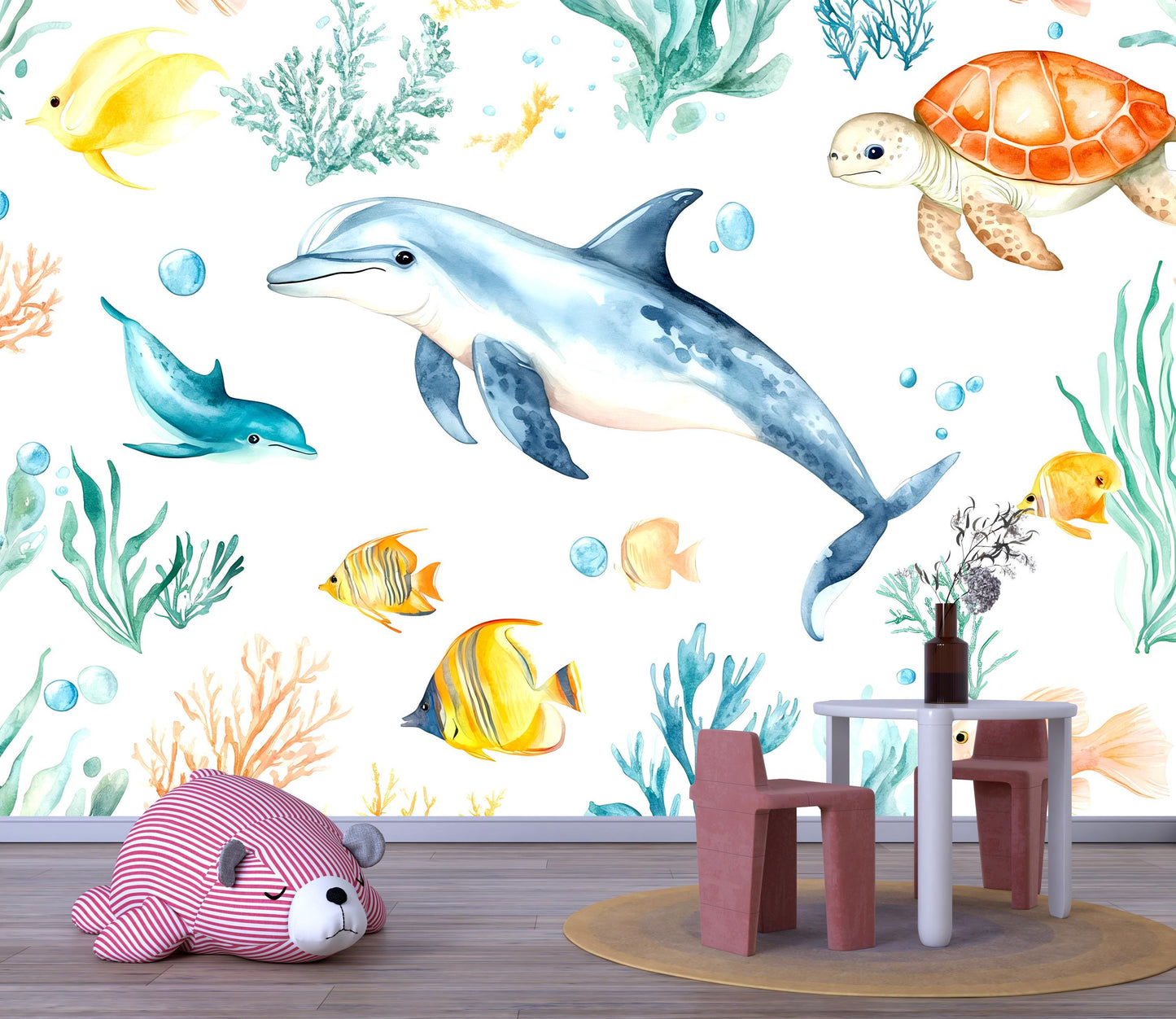 Dolphin Wall Mural – Ocean Nursery Wallpaper with Sea Turtle & Tropical Fish Vn986