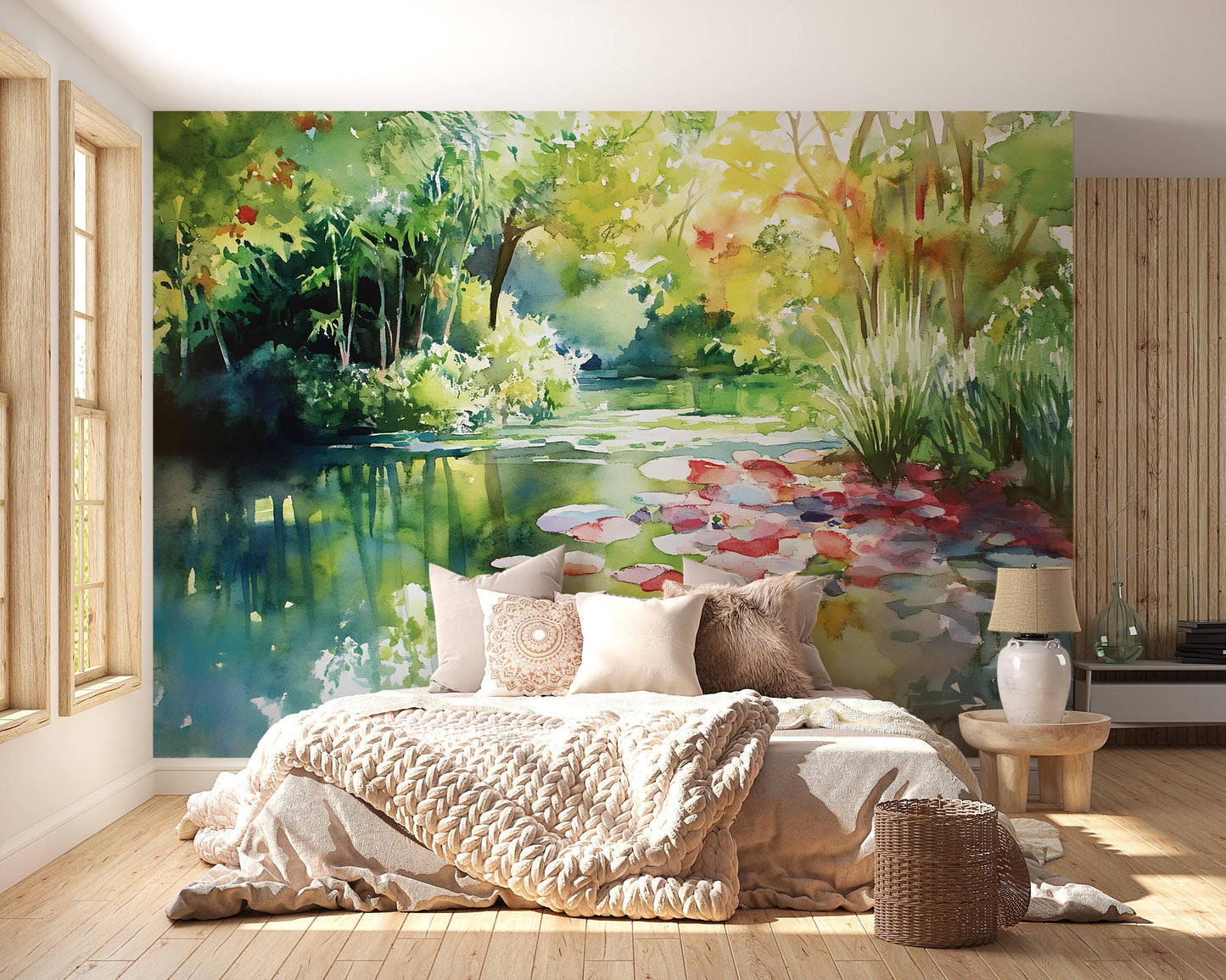 Watercolor Nature Wall Mural | Tranquil Forest Lake Wallpaper | Bedroom Accent Wall Art Vn550