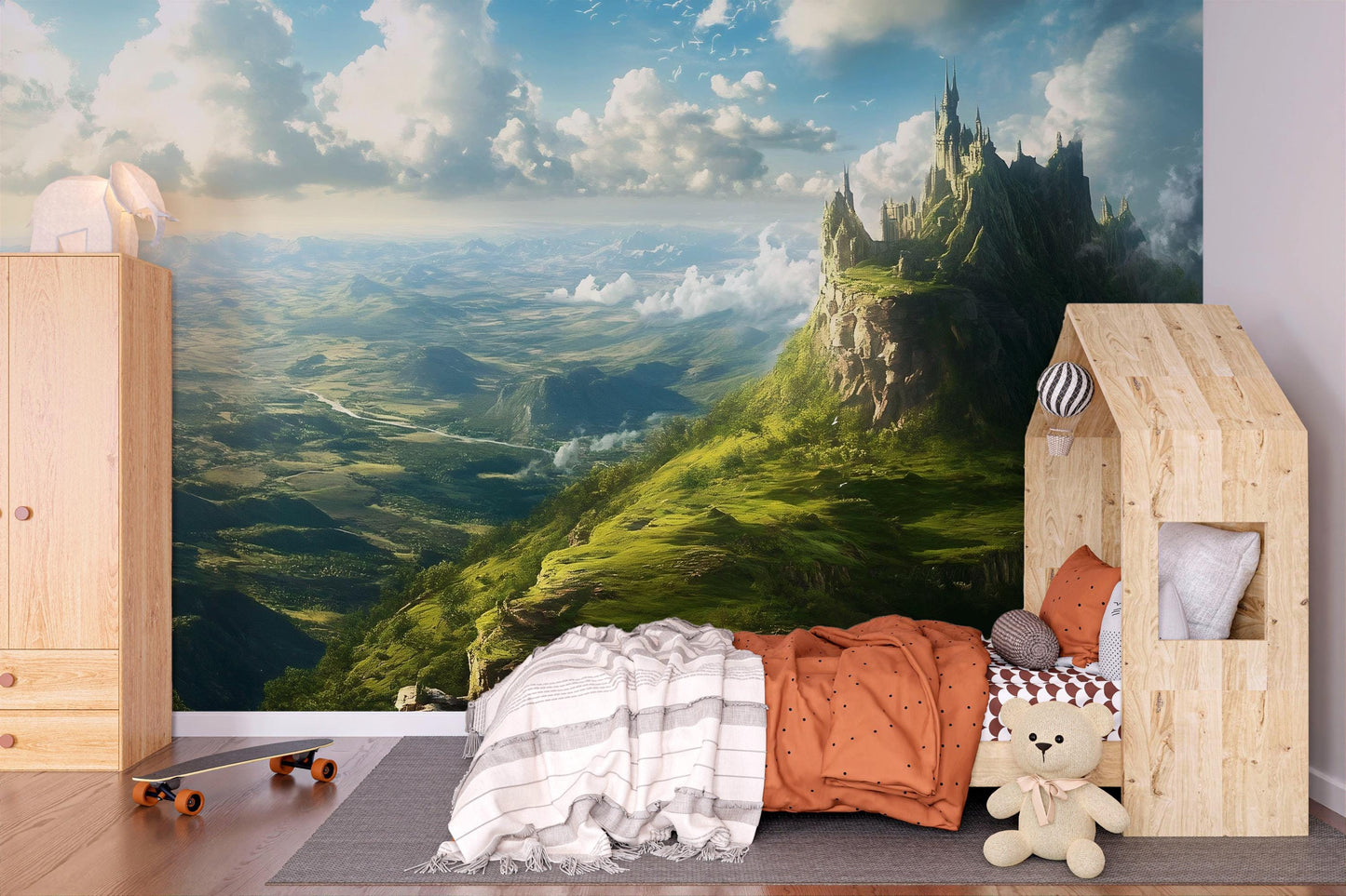 Fantasy Castle Wall Mural – Enchanted Kingdom Wallpaper, Magical Landscape Accent Wall for Kids Room or Bedroom Vn866