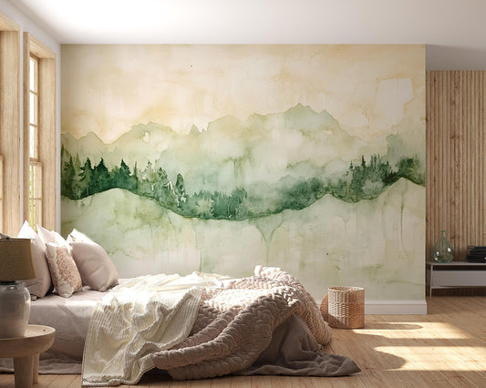 Watercolor Mountain Forest Wallpaper Mural – Green Nature Wall Art for Bedroom, Removable Peel and Stick Landscape Decor Vn545