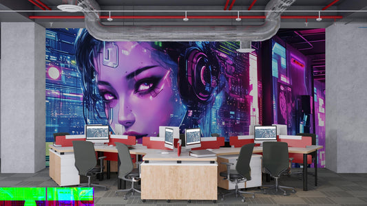 Cyberpunk Office Wall Art - Futuristic Gamer Mural Print - Sci-Fi Tech Decor Vn197