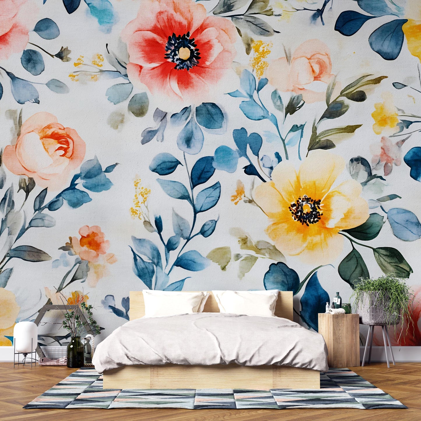 Watercolor Floral Wall Mural – Large Bold Botanical Wallpaper – Colorful Flower Bedroom Accent Wall Art – Peel & Stick or Removable Vn644