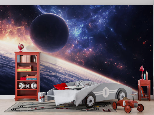 Space Planet Wall Mural – Galaxy Wallpaper with Stars & Nebula, Cosmic Accent Wall for Living Room or Bedroom Vn865