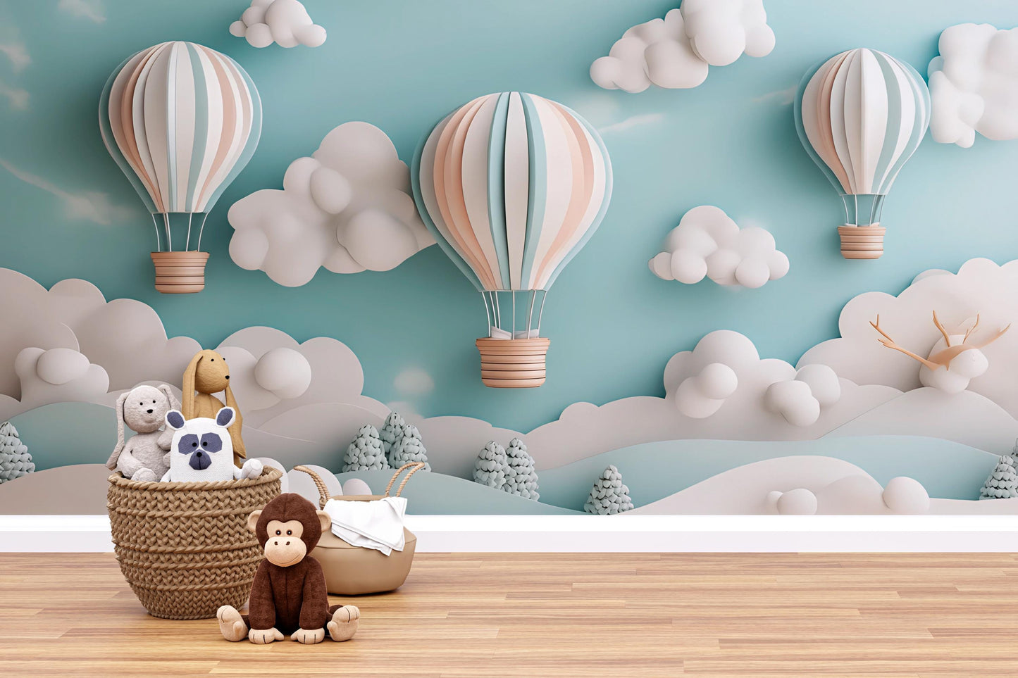 Whimsical Hot Air Balloon Wall Mural for Kids Room – Cloud & Sky Nursery Wallpaper – Dreamy Pastel Art Décor Vn259