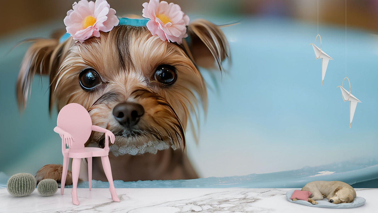 Cute Yorkie Dog Wall Mural - Bathtime Puppy Decor - Flower Crown Art Print - Whimsical Pet Room Wallpaper - Dog Lover Gift Vn680